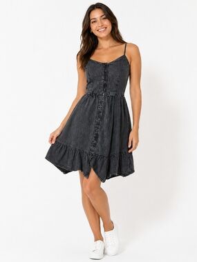 Charcoal Wash Button Front Cotton Dress with Ruffle Hem Size Small Faded Black
